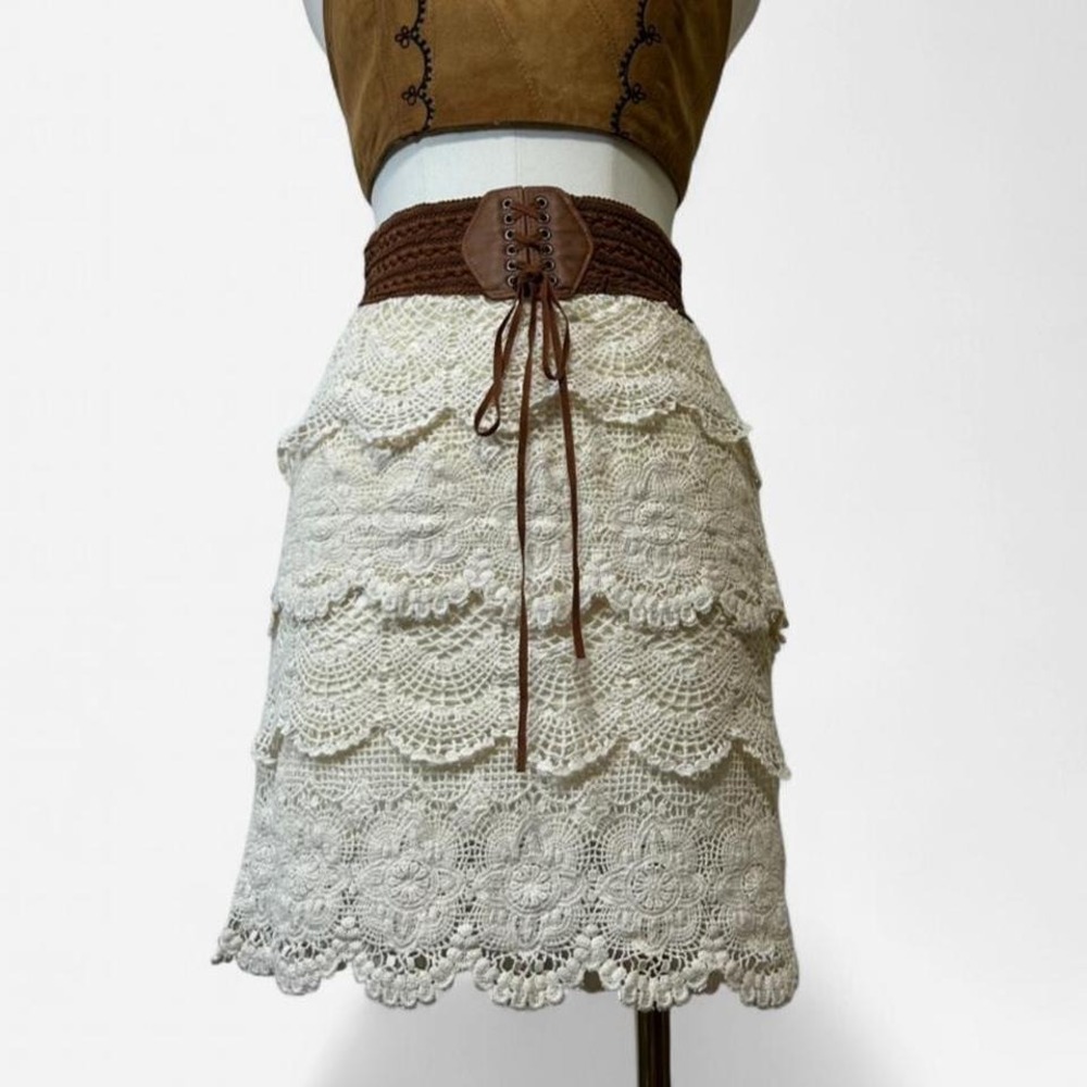 White Cochet Tiered Skirt Brown Lace Up Belt Womens S Boho Hippie Festival